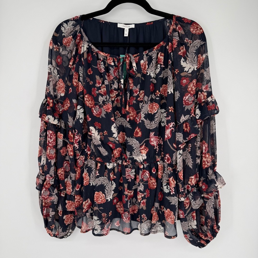 Maurices Shirt Top Blouse Medium Scoop Neck Womens Navy Blue Floral Cottagecore